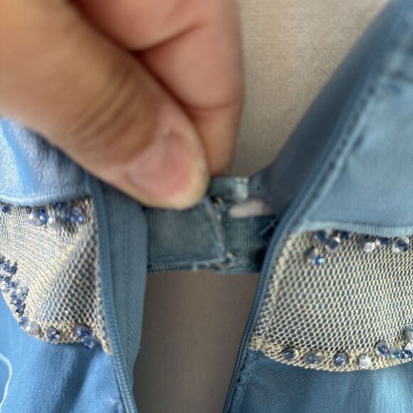 Adrianna Papell Blue Tiered Satin Dress & Jacket Set Beaded Waist Size 10 - Picture 10 of 17